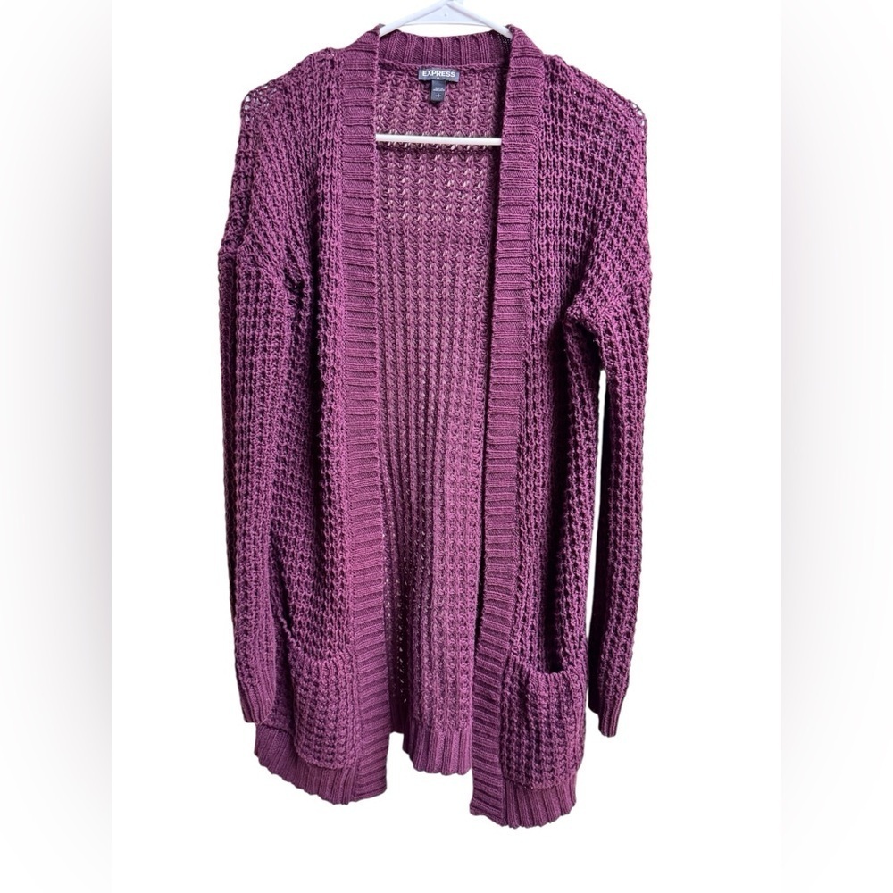 Express Plum Purple Open Knit Cardigan Sweater Women’s Small Pockets